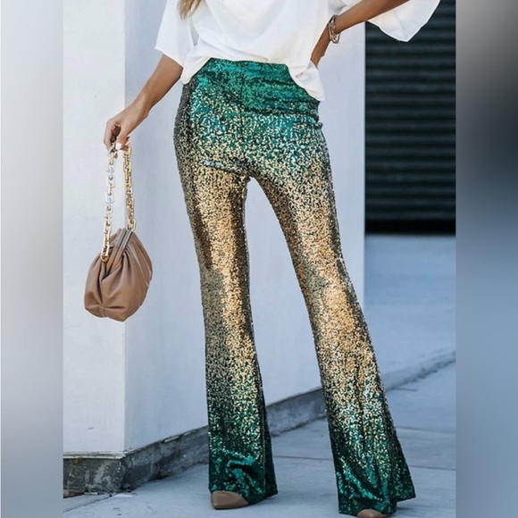 Luxe Glamour Sequin Mesh Wide Leg Palazzo Pants Holiday Evening Green Gold - Picture 2 of 13